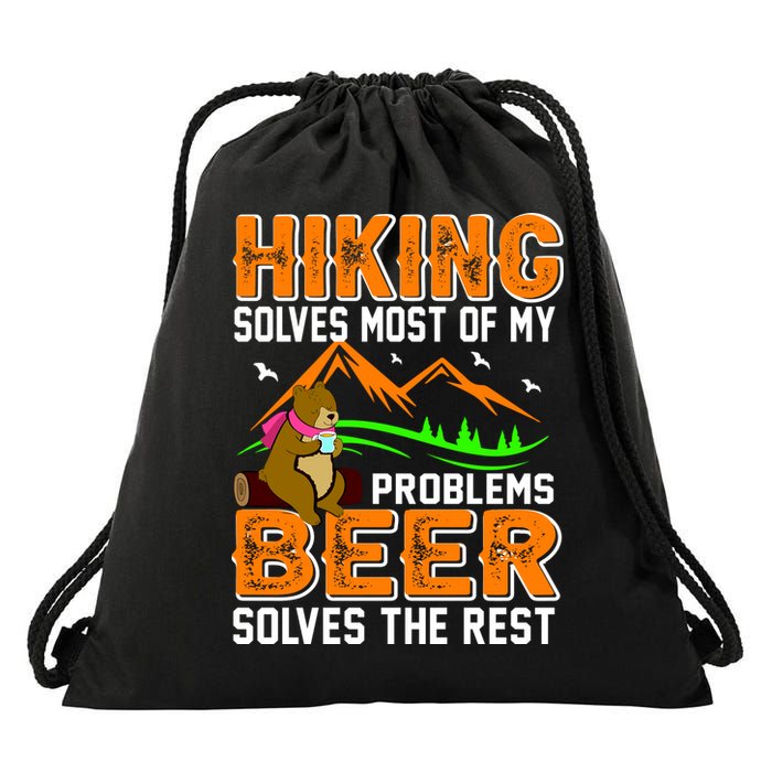Funny Hiking Beer Solves Problems Drawstring Bag