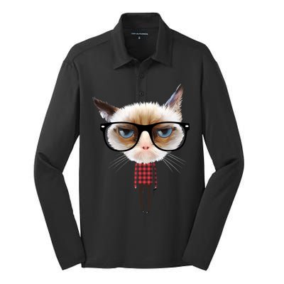 Funny Hipster Cat Silk Touch Performance Long Sleeve Polo