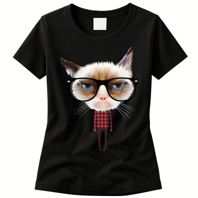 Funny Hipster Cat Womens T-Shirt