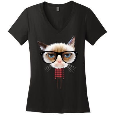 Funny Hipster Cat Women's V-Neck T-Shirt