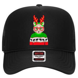 Funny Hipster Christmas Party Cat High Crown Mesh Back Trucker Hat