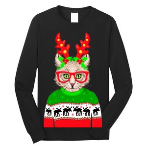 Funny Hipster Christmas Party Cat Long Sleeve Shirt