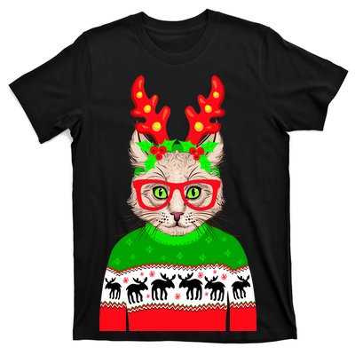 Funny Hipster Christmas Party Cat T-Shirt