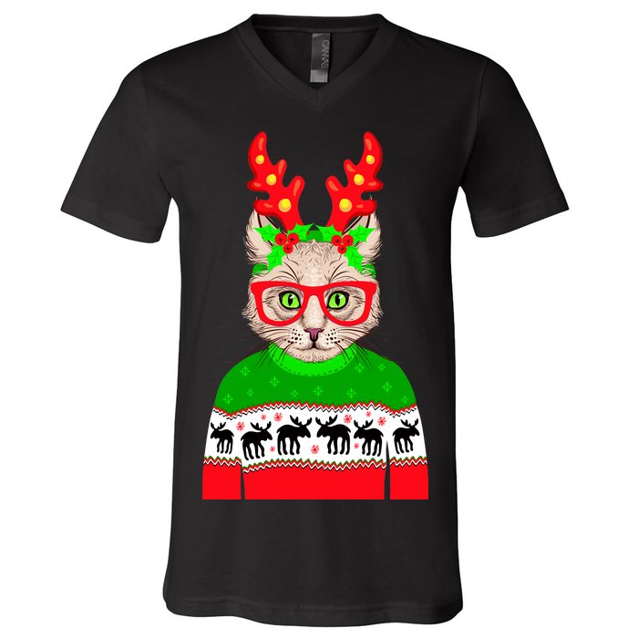 Funny Hipster Christmas Party Cat V-Neck T-Shirt