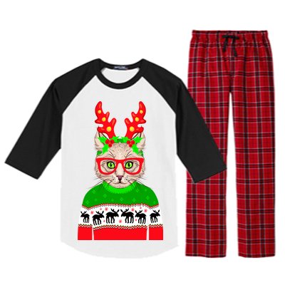 Funny Hipster Christmas Party Cat Raglan Sleeve Pajama Set