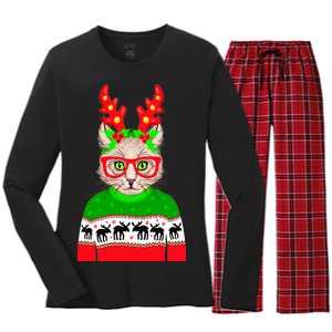 Funny Hipster Christmas Party Cat Women's Long Sleeve Flannel Pajama Set 