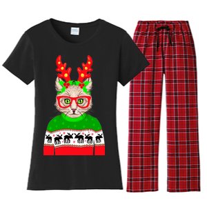 Funny Hipster Christmas Party Cat Women's Flannel Pajama Set