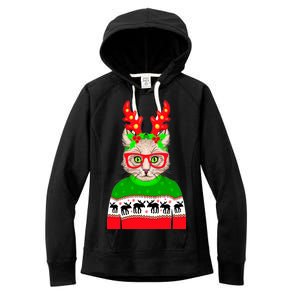 Funny Hipster Christmas Party Cat Women's Fleece Hoodie