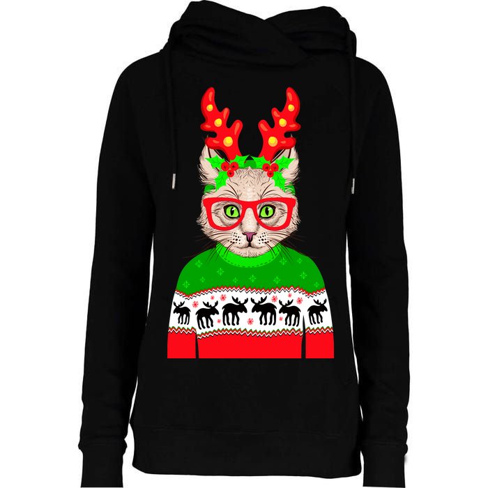 Funny Hipster Christmas Party Cat Womens Funnel Neck Pullover Hood