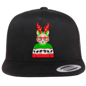 Funny Hipster Christmas Party Cat Flat Bill Trucker Hat