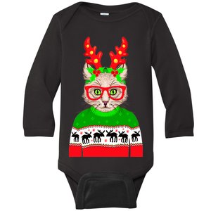 Funny Hipster Christmas Party Cat Baby Long Sleeve Bodysuit