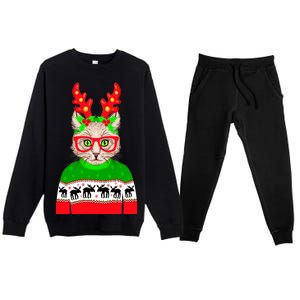 Funny Hipster Christmas Party Cat Premium Crewneck Sweatsuit Set