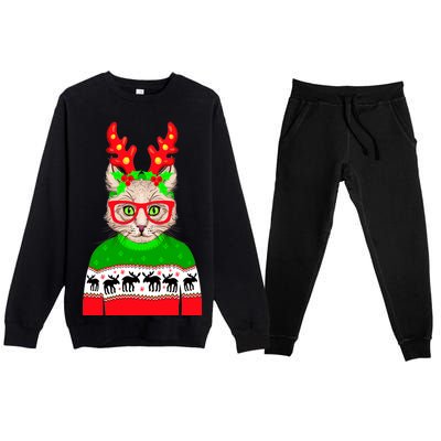 Funny Hipster Christmas Party Cat Premium Crewneck Sweatsuit Set