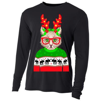 Funny Hipster Christmas Party Cat Cooling Performance Long Sleeve Crew