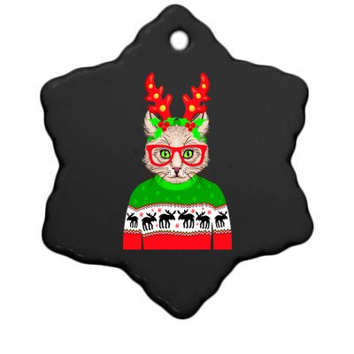 Funny Hipster Christmas Party Cat Ceramic Star Ornament