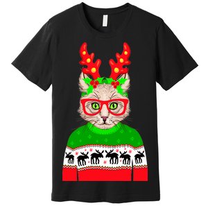 Funny Hipster Christmas Party Cat Premium T-Shirt