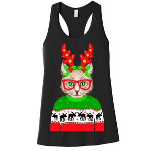 Funny Hipster Christmas Party Cat Women's Racerback Tank