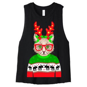 Funny Hipster Christmas Party Cat Women's Racerback Cropped Tank