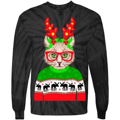 Funny Hipster Christmas Party Cat Tie-Dye Long Sleeve Shirt