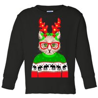 Funny Hipster Christmas Party Cat Toddler Long Sleeve Shirt