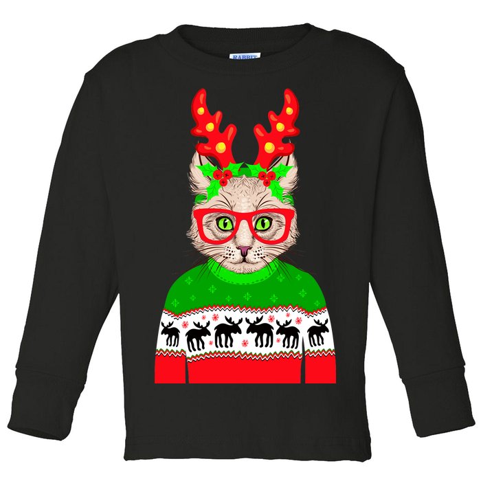 Funny Hipster Christmas Party Cat Toddler Long Sleeve Shirt