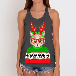 Funny Hipster Christmas Party Cat Women's Knotted Racerback Tank