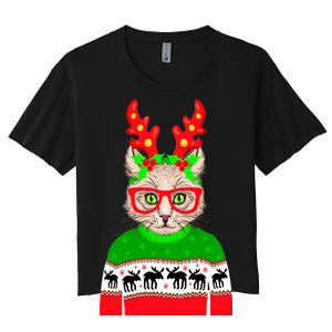 Funny Hipster Christmas Party Cat Women's Crop Top Tee