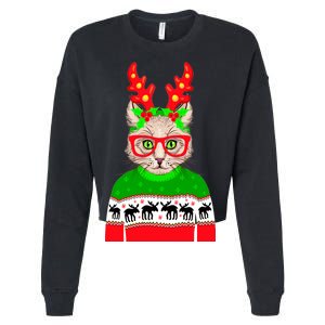 Funny Hipster Christmas Party Cat Cropped Pullover Crew