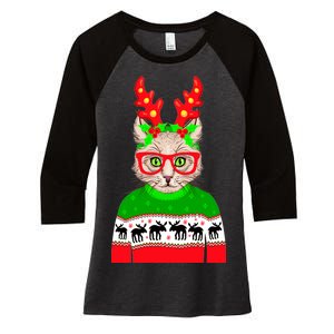 Funny Hipster Christmas Party Cat Women's Tri-Blend 3/4-Sleeve Raglan Shirt