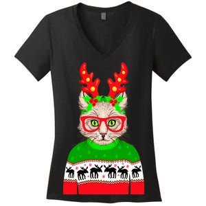 Funny Hipster Christmas Party Cat Women's V-Neck T-Shirt