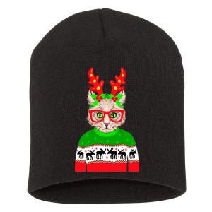 Funny Hipster Christmas Party Cat Short Acrylic Beanie