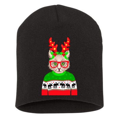 Funny Hipster Christmas Party Cat Short Acrylic Beanie