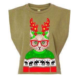 Funny Hipster Christmas Party Cat Garment-Dyed Women's Muscle Tee