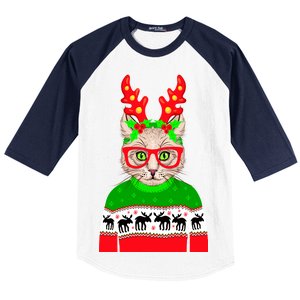 Funny Hipster Christmas Party Cat Baseball Sleeve Shirt