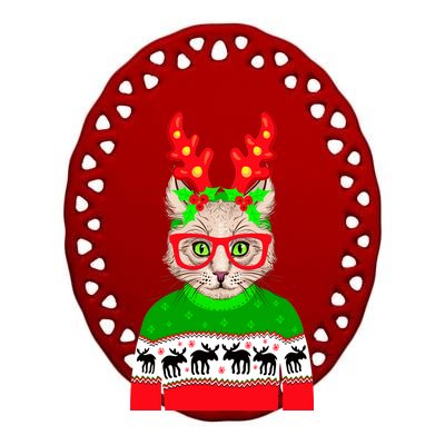 Funny Hipster Christmas Party Cat Ceramic Oval Ornament