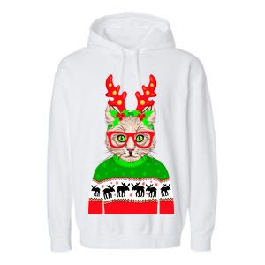 Funny Hipster Christmas Party Cat Garment-Dyed Fleece Hoodie