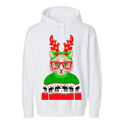 Funny Hipster Christmas Party Cat Garment-Dyed Fleece Hoodie