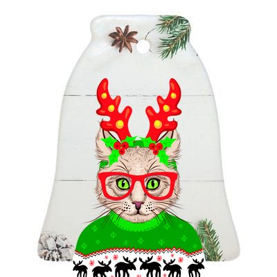 Funny Hipster Christmas Party Cat Ceramic Bell Ornament