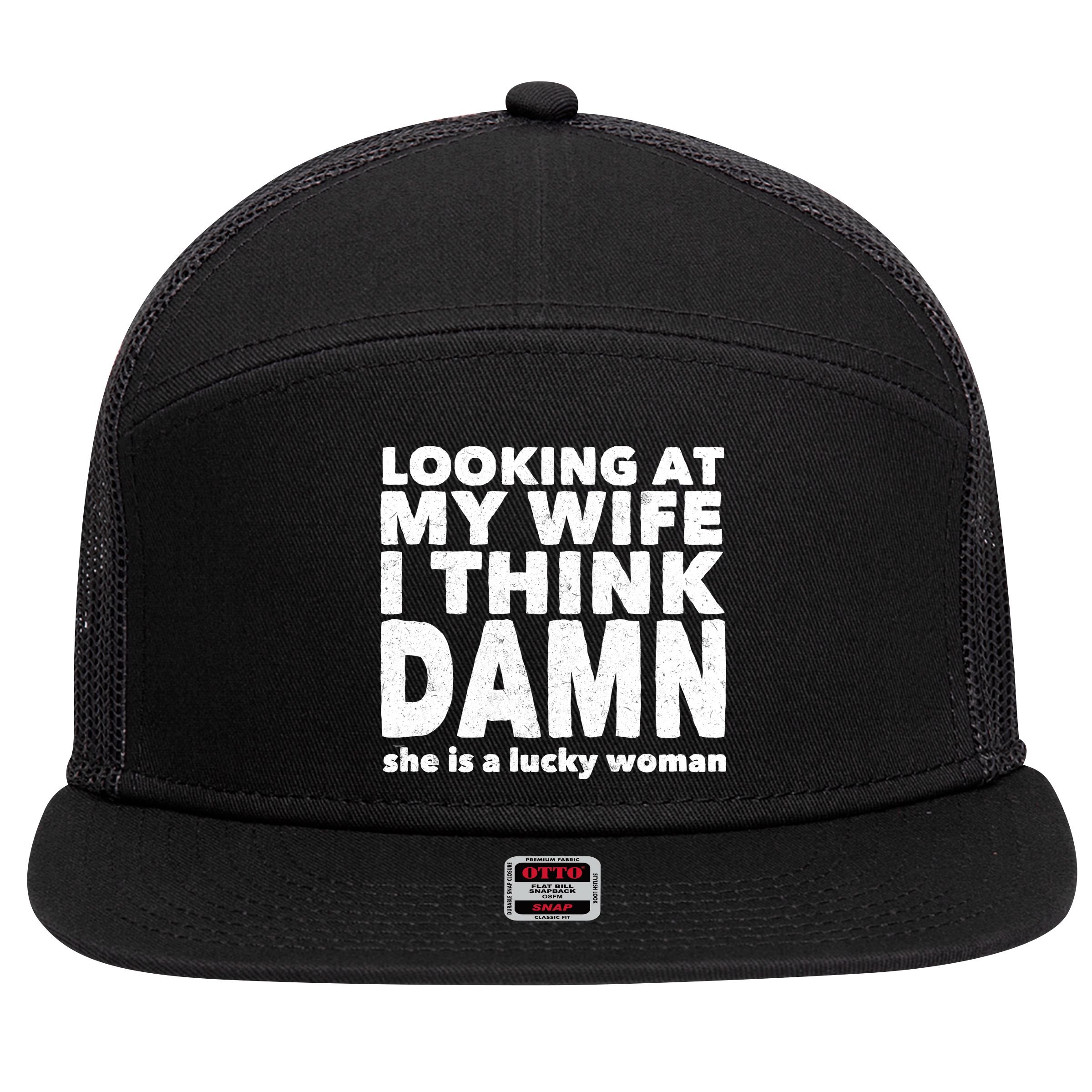 Funny Husband Lucky Wife 7 Panel Mesh Trucker Snapback Hat