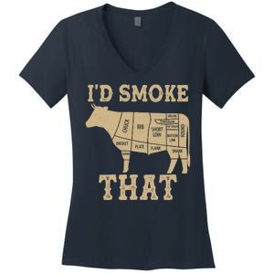 Funny I'd Smoke That Cattle Meat Cuts Women's V-Neck T-Shirt