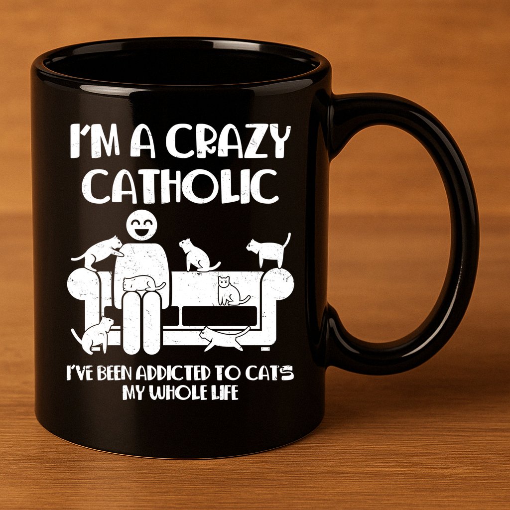 Funny I'm A Crazy Catholic Addicted To Cats 11oz C Handle Ceramic Mug