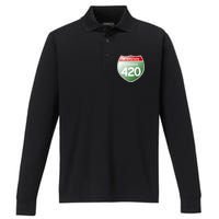 Funny Interstate 420 in the state of Cannabis Marijuana Weed Performance Long Sleeve Polo