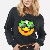Funny Irish Clover St. Patrick's Day Emoji Cropped Pullover Crew