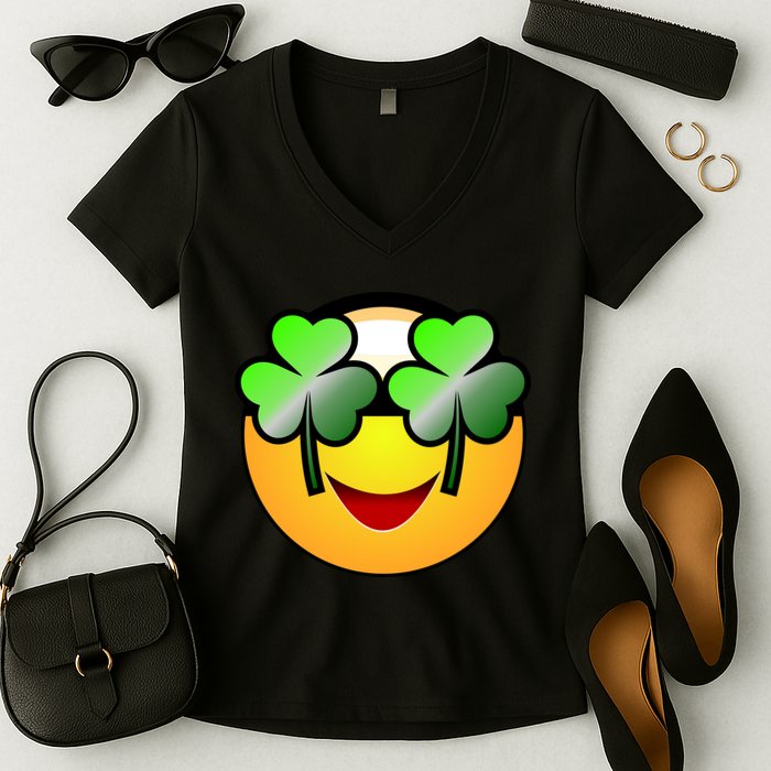 Funny Irish Clover St. Patrick's Day Emoji Women's V-Neck T-Shirt