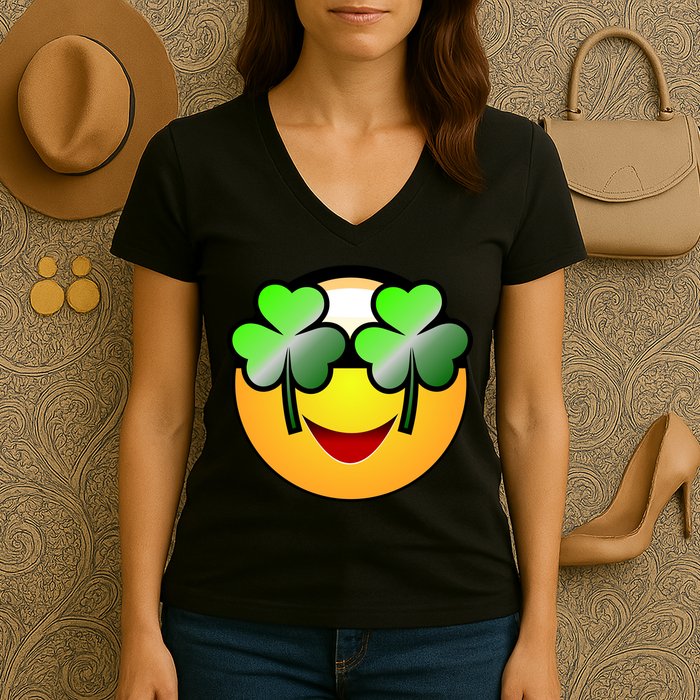 Funny Irish Clover St. Patrick's Day Emoji Women's V-Neck T-Shirt