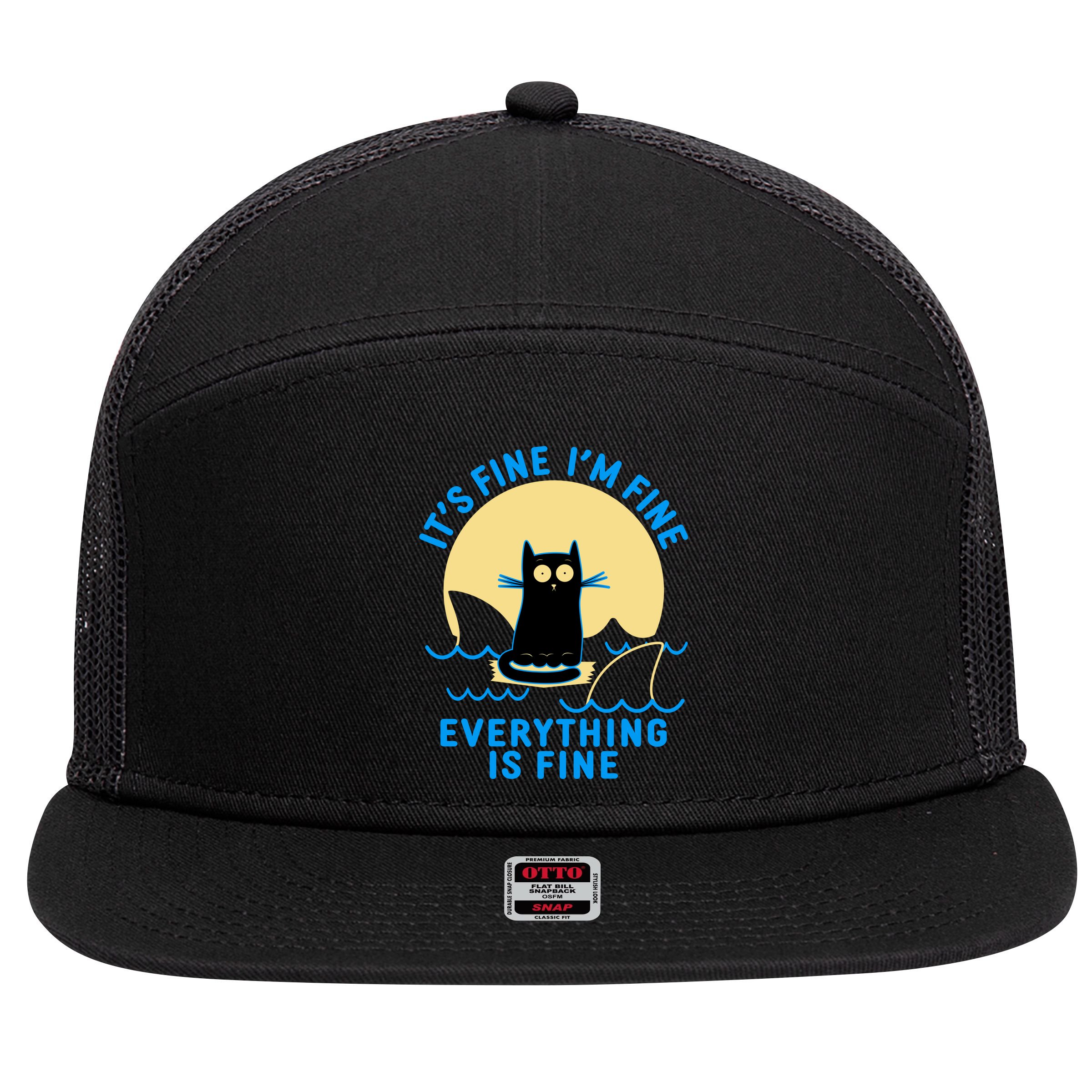Funny It's Fine I'm Fine Everything Is Fine Shark Cat 7 Panel Mesh Trucker Snapback Hat