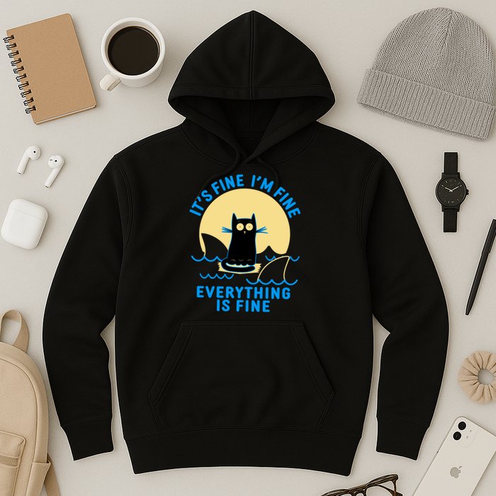 Funny It's Fine I'm Fine Everything Is Fine Shark Cat Hoodie