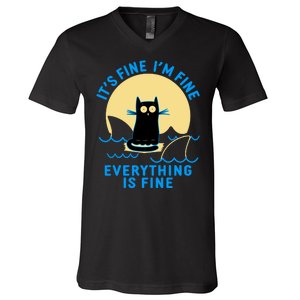 Funny It's Fine I'm Fine Everything Is Fine Shark Cat V-Neck T-Shirt