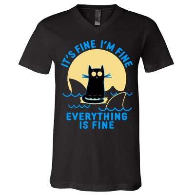 Funny It's Fine I'm Fine Everything Is Fine Shark Cat V-Neck T-Shirt