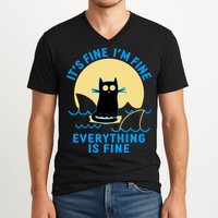 Funny It's Fine I'm Fine Everything Is Fine Shark Cat V-Neck T-Shirt
